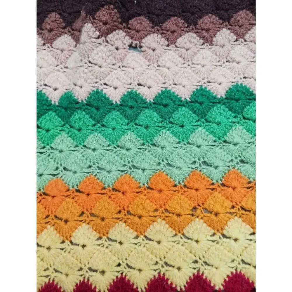 Handmade Knit Granny Stripe Afghan Blanket Red 58x44